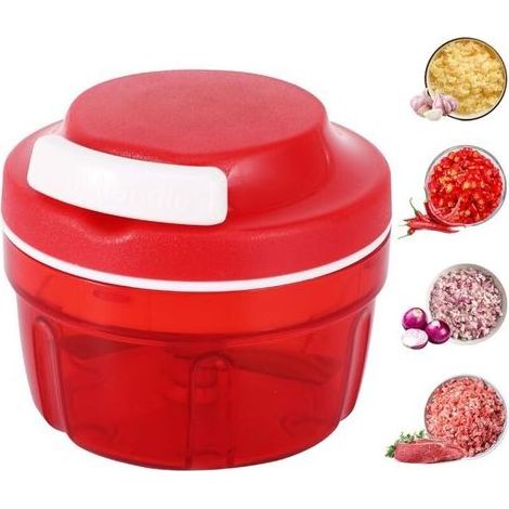 Lntyq Hachoir Manuel, Coupe Oignon Manuel 300 ml avec Lames en Acier Inoxydable, Hachoir à Ail, Manuel Robot Culinaire pour Piment/Oignons/Légumes/Noix/Fruits/Poivrons/Viande/Ail/Purée (Rouge) (1/5)