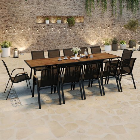 MOOREA conjunto de muebles de jardín extensible Mesa efecto madera 135/270 cm y 12 sillas apilables negro y madera