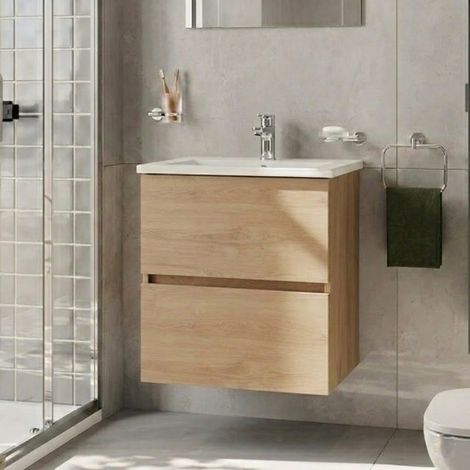 Vitra S20 Square Wall Hung 2-Drawer Vanity Unit and Basin 600mm Wide - Maple Oak (1/3)