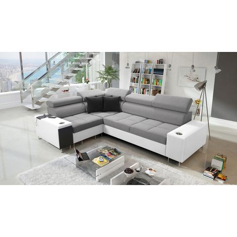 Elegantes Ecksofa mit Konsole und Ladegerät MORENA II Kunstleder/Sawana Weiß/Grau Rechts (1/5)