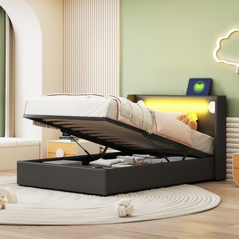 Cama juvenil 90x200 cm negra polipiel, almacenaje hidráulico y LED Bluetooth (1/5)