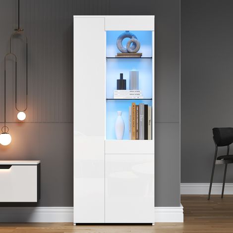 Vitrine (70 x 35 x 180 cm), mit LED Beleuchtung, Schublade, Hochglanzfront, Spanplatte, Weiß (1/5)