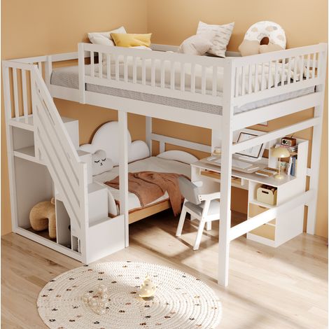 CHICFURN Letto a soppalco 140x200 cm bianco con scala contenitore, senza materasso (1/5)