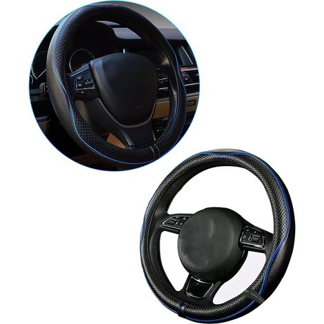 Couvre Volant Voiture,Protege Volant Voiture,Intérieur D'accessoires de Voitures,Housse de Protection Taille Universel,Convient aux Volants d'un Diamètre Extérieur de 37 à 38 cm (Noir-Bleu) (1/5)