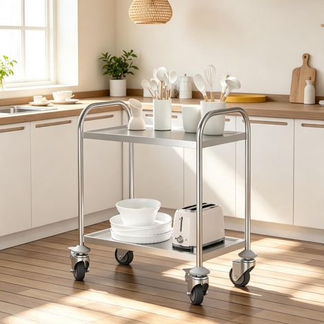 Desserte de cuisine à roulettes en acier inoxydable chromé, 2 étagères, roues pivotantes à 360° dont 2 avec frein, charge jusqu’à 100 kg, 80 x 45 x 82 cm – CHICFURN (1/5)