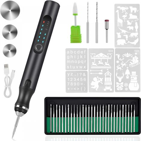 Stylo graveur électrique – Ensemble d'outils de gravure rechargeables par USB – avec 37 embouts et 5 modèles (noir) (1/5)