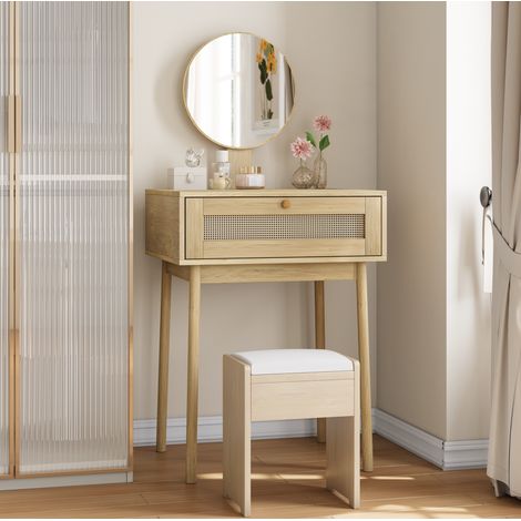 Coiffeuse 60x50x128 cm en bois et rotin couleur chêne, avec rangement pour chambre FloraGrace (1/5)