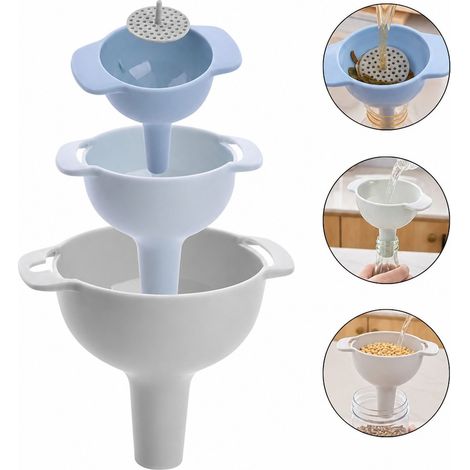 Set de 4 entonnoirs de cuisine avec passoire : ensemble d’entonnoirs anti-renversement de tailles multiples, conforme à la norme alimentaire, pour remplir des bouteilles, liquides, ingrédients secs et (1/5)