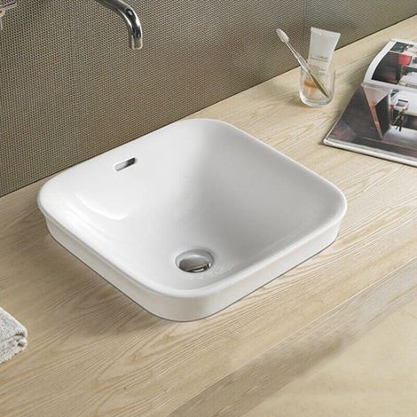 Rue Du Bain – Vasque à encastrer carrée en céramique 43x43 cm – Trop plein design – Rebord haut 6.5 cm – Pour salle de bain moderne (1/5)