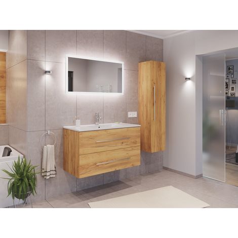 Badmöbel Set Firenze 100 3tlg. LED Spiegel und Hochschrank eiche gold