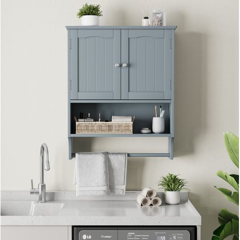 Mueble de baño de pared con toallero, 2 puertas y estantes abiertos, gris claro DESVIAE (1/5)