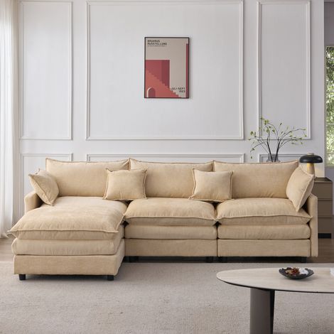 Sofá esquinero modular de chenilla premium de 3 plazas con chaise longue y puf OKWISH (1/5)