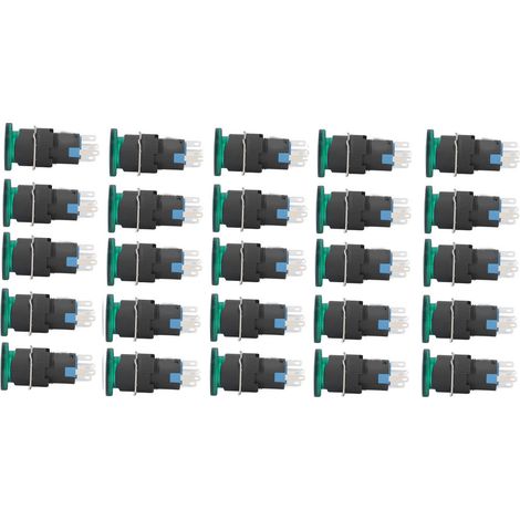 25 unités Interrupteurs Miniatures Bouton-Poussoir Plastique IP65 Tête Champignon Vert Auto-Rétablissement 16mm 220V AC