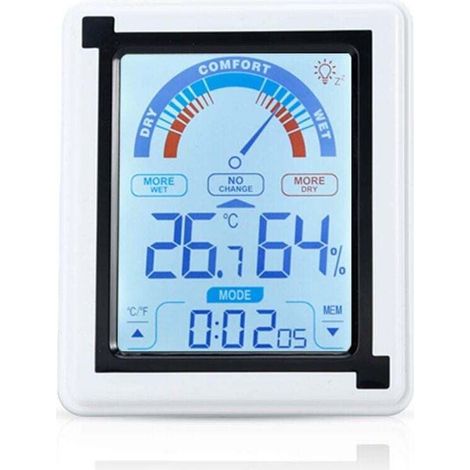 Thermomètre électronique blanc - Thermomètre tactile LCD avec horloge et indicateur de température, humidité réglable en degrés Fahrenheit XXW