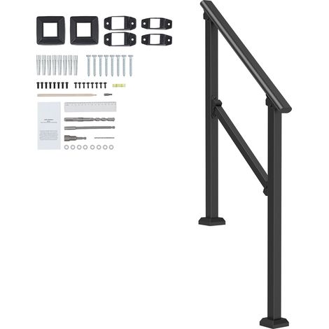 Garde-corps extérieur pour escaliers 2-3 marches, kit en acier carbone avec fixation, rampe pour seniors, béton, porche et terrasse, tube carré noir. (1/5)