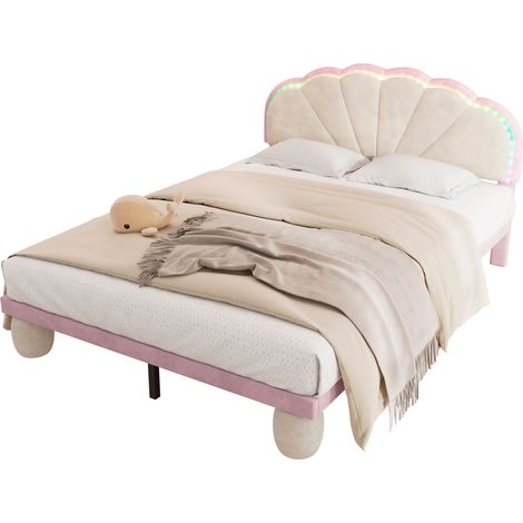 Lit double enfant à rayures multicolores alternées, tête de lit festonnée, Beige Plus rose, 140x200 cm (1/5)