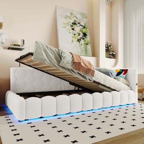 Letto Contenitore 90x200 cm, Design caldo, Stoccaggio Idraulico, Porte di Ricarica USB e Type-C, MDF, Bianco (Senza Materasso) (1/5)