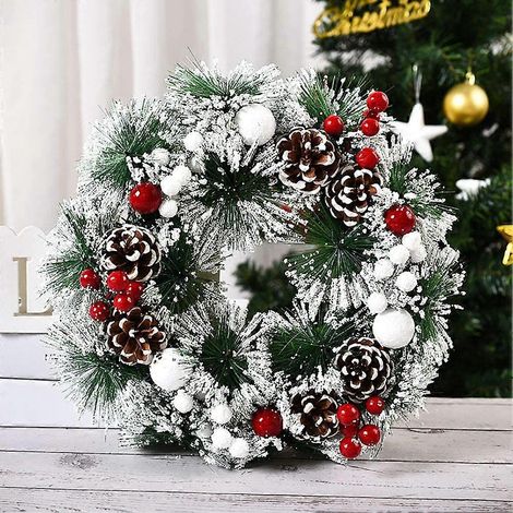 Couronnes de Noël artificielles, couronne de houx givré pour porte et cheminée, guirlande de couronnes artificielles avec pommes de pin et baies (1/5)