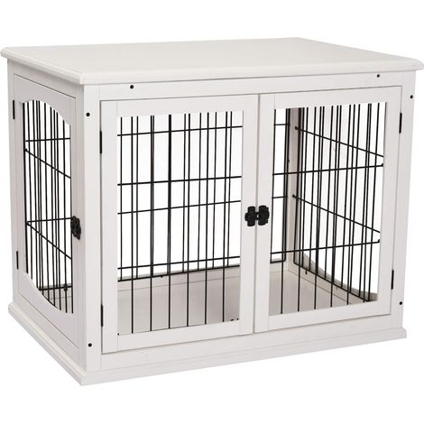 Hundehütte Hundehaus Transportbox Kleintierkäfig für Innen 81 x 58,5 x 66 cm aus MDF & Metall in Weiß, ideal für Haustiere (1/5)