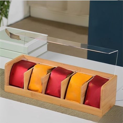 Boîte à thé - Porte-sachets - 5 compartiments - avec couvercle en plastique - 36 x 11 x 10 cm - bambou et bois - marron clair (1/5)