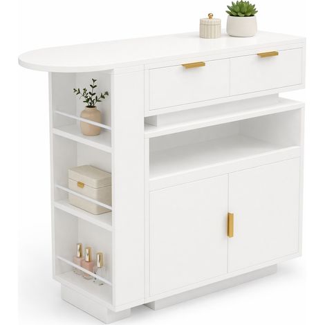 Ausziehbarer Bartisch mit Stauraum, Verstellbaren Böden und LED, Drehplatte, MDF, 115-183 x 40 x 99.5 cm, Weiß (1/5)