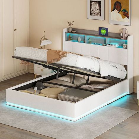 Doppelbett 140x190 - Hydraulischer Stauraum - RGB-LEDs - Kopfteil mit USB - Weißer Samt