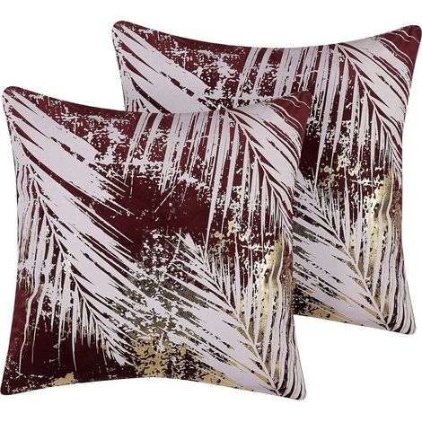 Set of 2 Decorative Cushions CALLA Velvet 45 x 45 cm Red Plant Pattern (1/5)