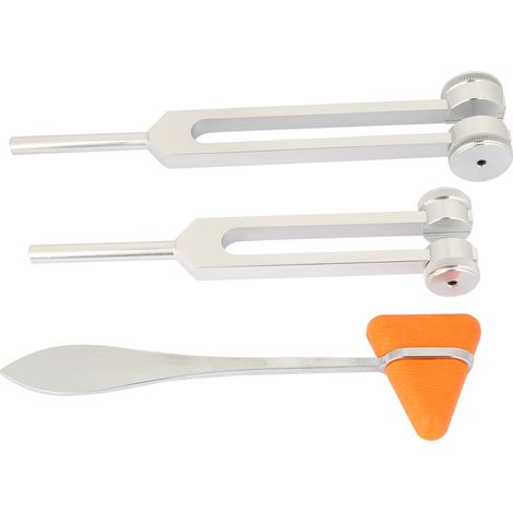 3 Pcs Aluminum Alloy Silver Neurological Tuning Fork and Percussion Hammer Set 128Hz+256Hz (1/5)