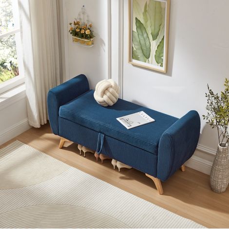 Cassapanca pieghevole 145x51x57 cm per camera, salone o ingresso, con contenitore, gambe in legno, corduroy - blu (1/5)