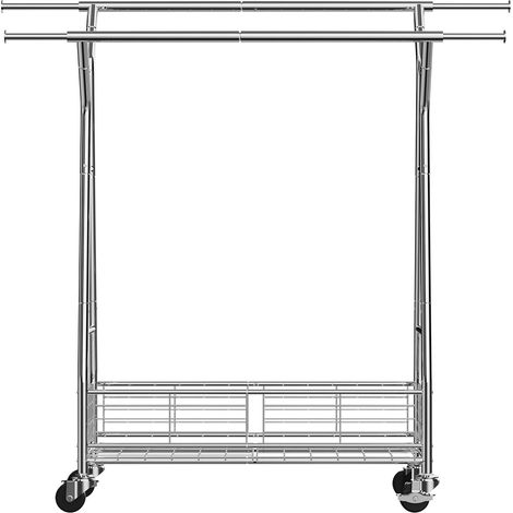 Portant à Vêtements Roulant, 2 Barres Suspendues et Panier de Rangement, Capacité 150 kg, Acier au Carbone Extensible avec Roulettes pour Chambre, Lingerie, Salon (1/5)