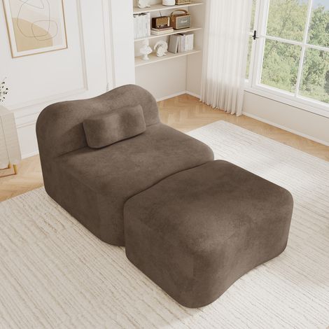 Canapé modulable une place sans cadre avec pouf, design ondulé, garnissage en mousse haute densité 32D, coussin de dossier amovible, tissu doux, idéal pour appartement, salon et chambre, marron (1/5)
