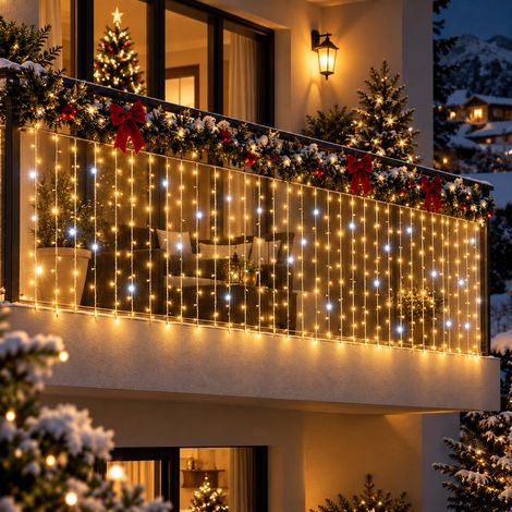 Tenda Luminosa lineare Natale da 3x1 mt con 200 LED Luce Calda più Flash Bianco Freddo Cavo Bianco IP44 (1/4)