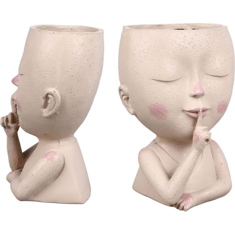 Pot de fleurs en forme de visage, joli pot en résine pour plantes succulentes avec trou de drainage, yeux fermés, grande ouverture pour une utilisation intérieure et extérieure (1/5)