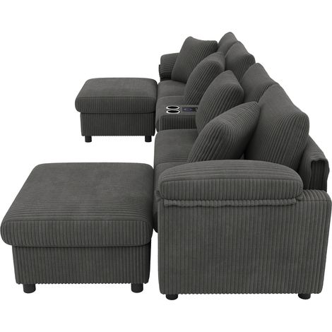Canapé modulable en velours côtelé gris avec haut-parleur Bluetooth, console multimédia, rangement et charge sans fil (1/5)