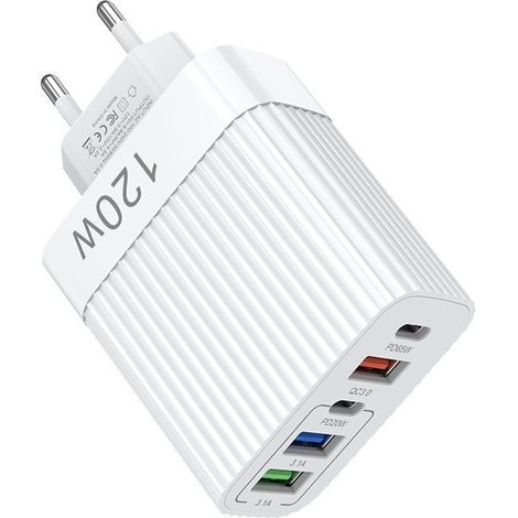 Chargeur rapide USB-C 120 W pour l'Europe et les États-Unis, chargeur multifonction à 5 ports, adaptateur multiport USB-A et Type-C (blanc + noir) (1/5)