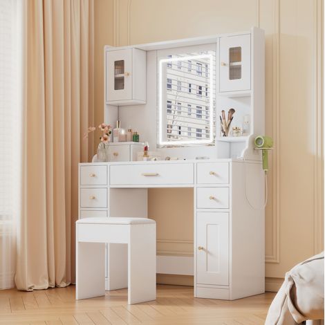Escritorio maquillaje amplio con LED y enchufes blanco OKMYHOME (1/5)