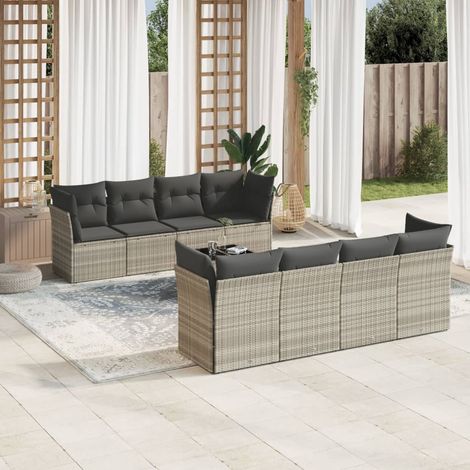 Set muebles jardín 9 pzas y cojines ratán sintético gris claro vidaXL (1/3)