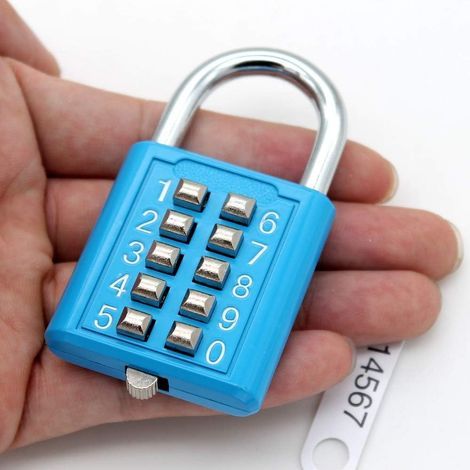 Deux cadenas à combinaison à boutons bleus, serrures numériques, idéaux pour les outils de bricolage tels que valises, portes, tiroirs et boîtes. Ils sont dotés d'une combinaison à 10 chiffres, d'un (1/5)