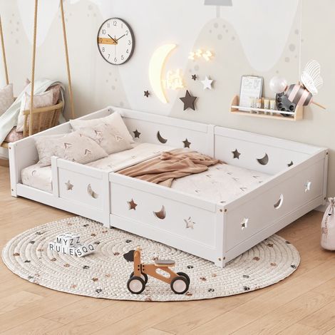Montessori Lit de sol pour enfant 140x200 cm, Lit à Barreaux Étoiles et Lunes,Lit Caban avec Sommier à Lattes,Lit Simple 140x200 cm,Montessori Lit pour enfant en Bois Massif Pin,garçons et filles,Blan