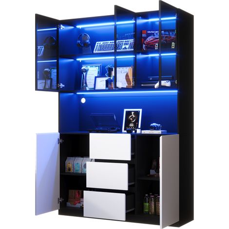 Vetrina con 2 Ante, 3 Cassetti e Vano Aperto, LED Regolabile, per Soggiorno, MDF, Nero, 120 × 40 × 200 cm (1/5)