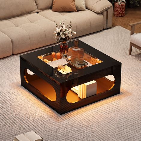 Tavolino quadrato 70x70x35 cm con piano in vetro, LED e vano portaoggetti, in MDF, nero (1/5)
