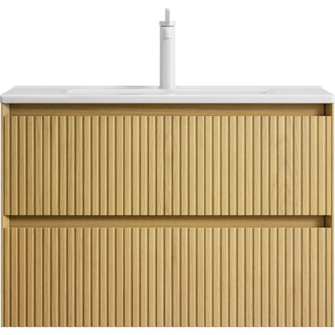 Hängender Badschrank 75 cm mit weißem Keramikwaschbecken und 2 Schubladen, Honig-Eiche (1/5)