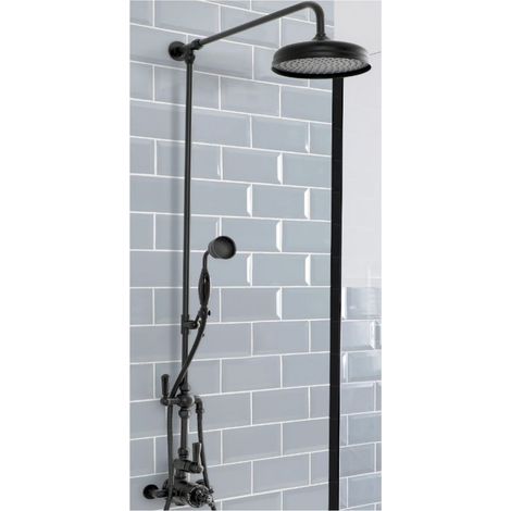 Milano Elizabeth Grand Rigid Riser with 2 Outlet Twin Exposed Thermostatic Mixer Shower Valve Round Rainfall Shower Head and Hand Shower Handset - Black