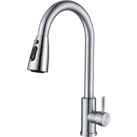 Rubinetto da cucina con doccetta estraibile, miscelatore da cucina in acciaio inox, rubinetto da cucina girevole a 360°, finitura spazzolata, 3 modalità di regolazione del flusso d'acqua (1/4)