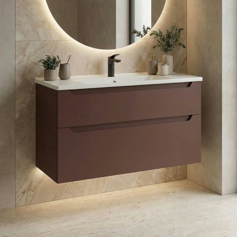 Meuble vasque suspendu 100 cm rouge 2 tiroirs ELYO (1/4)