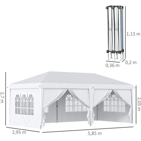Pavillon 5,85 x 2,95 m, pavillon de jardin pliable avec protection UV, tente de réception avec parois latérales et fenêtres, portes zippées, acier, blanc