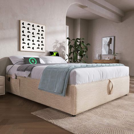 Lit coffre 140x200 cm naturel en lin, sans tête de lit, USB et USB-C, rangement hydraulique, base pleine en bois massif, sans matelas (1/5)