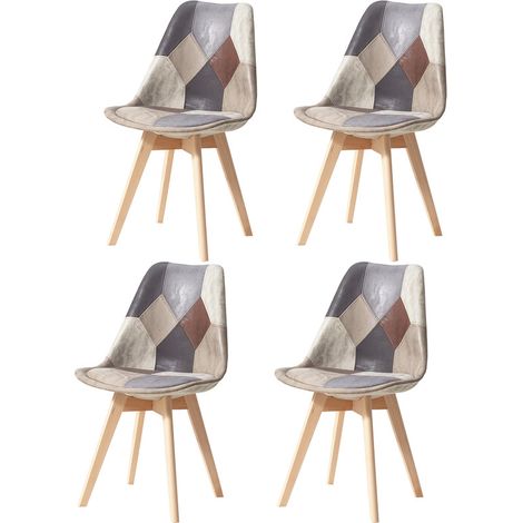 Wokaka Pack de 4 Sillas - Lino - Patas de Haya Maciza - Sillas Tapizadas Diseño Vintage Patchwork Multicolor (Gris) (1/5)