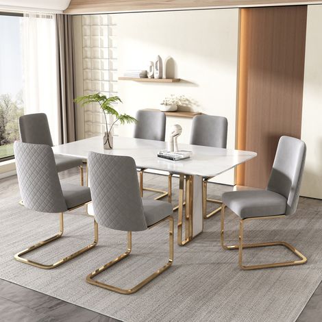 Lot de 6 chaises de salle à manger en velours gris, dossier à motif losange, pieds en métal,45×42×88cm (1/5)