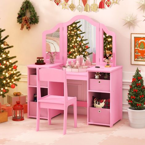 2 en 1 Coiffeuse et Chaise Enfants avec Miroir Amovible à Trois Volets Table de Maquillage avec 4 Compartiments pour 3 Ans+ Rose (1/2)